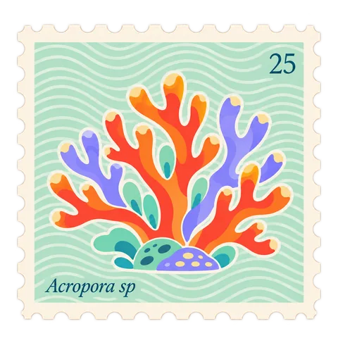 Sello postal ilustrado con corales de arrecife de colores