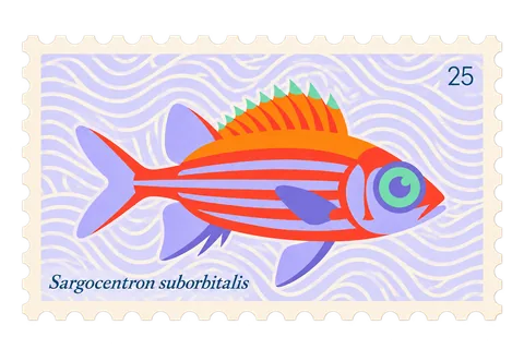 Sello postal ilustrado con un pez de arrecife naranja y violeta